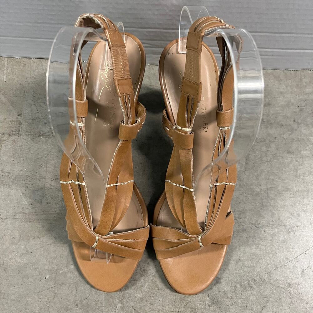 Donald J. Pliner (8) Y2K Tavish Tan Leather Strappy Stack Wood Heel Sandal Shoes - Picture 6 of 14